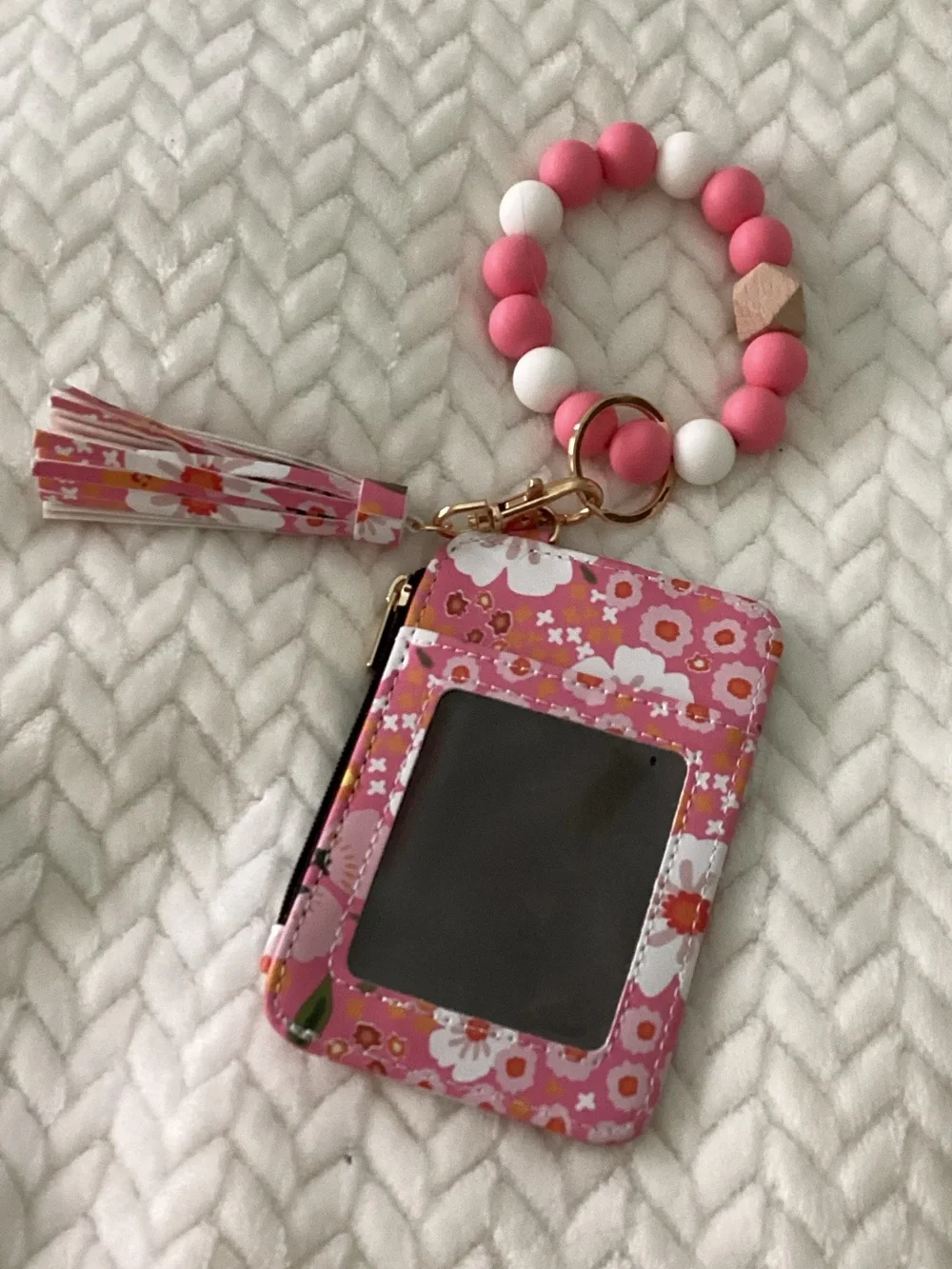 Pink Floral Kids Wristlet Cardholder with Beaded Keyring